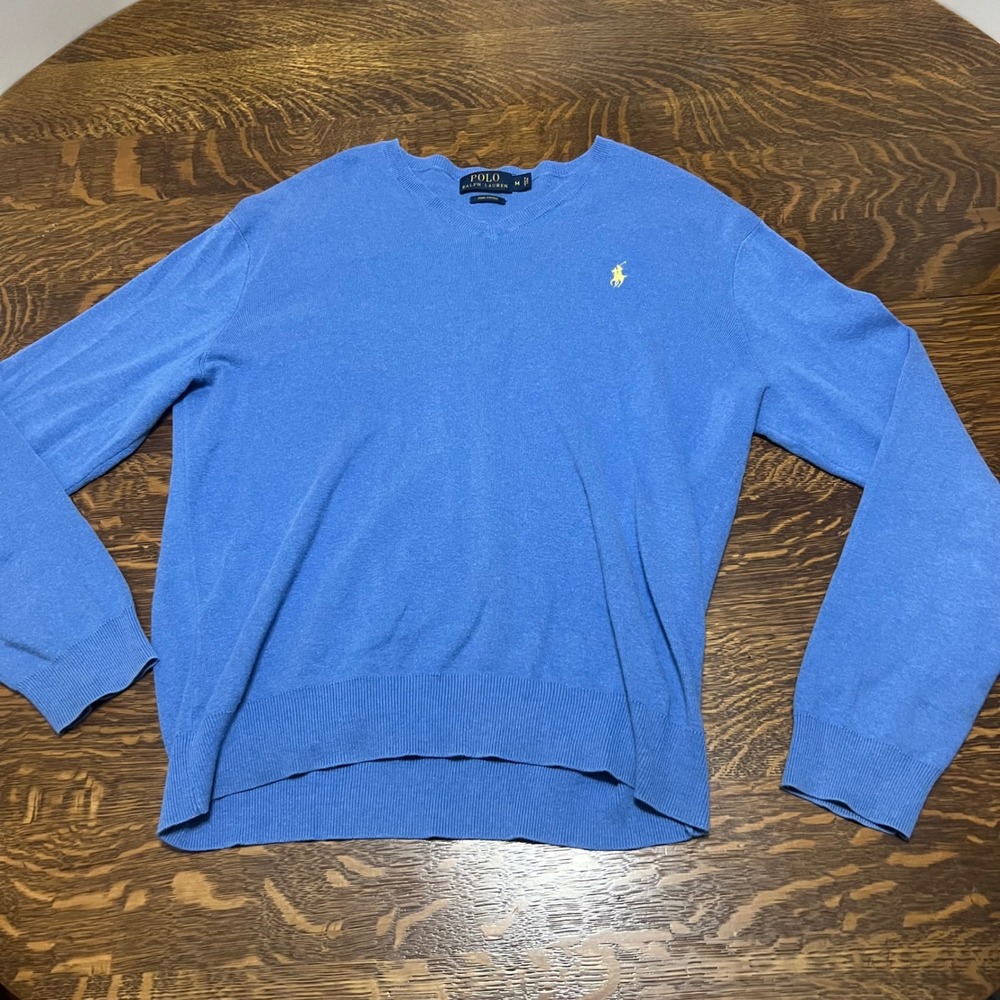 Polo Ralph Lauren Sweater Mens Medium Blue Pima Cotton V-Neck‎ Pony Logo
